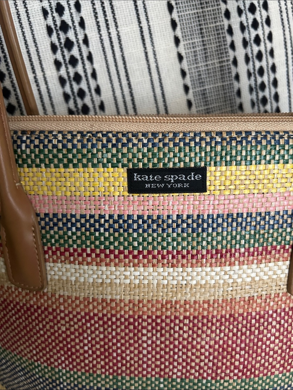 kate spade Multicolor Striped Straw Tote with Tan Handles - Picture 2 of 11